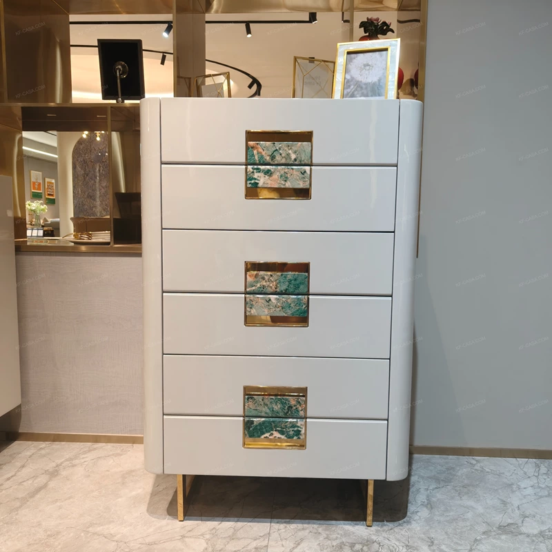 High-Gloss White Tall Sideboard Cabinet with Five Drawers Green Stone Inlay Pulls Rounded Corners and Gold-Tone Stainless Steel Base